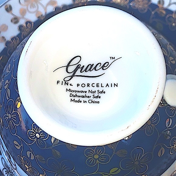 GRACES TEAWARE FOOTED CUP SAUCER SET NAVY METALLIC GOLD FLORAL NEW PORCELAIN - Picture 8 of 8
